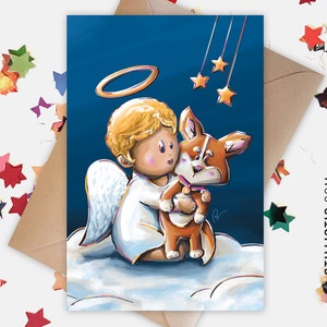 Carte de voeux papier 350g avec Illustration Originale Chiot Corgi et Ange pour Noël Nouvel An