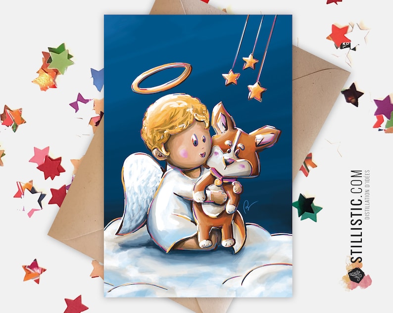 350g Paper Greeting Card with Original Illustration Puppy Corgi and Angel for Christmas New Year image 1