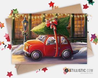 Tarjeta de felicitación de papel de 350 g con ilustración original de ratón y árbol de Navidad para Año Nuevo