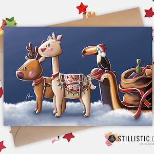 350g Papier Grußkarte mit Originalillustration Lama Rentiere und Schlitten für Weihnachten Neujahr