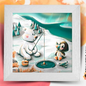 Square frame with Polar Bear and Puffin Illustration for Baby Children's Room 25x25cm image 1