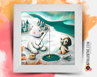 Square frame with Polar Bear and Puffin Illustration for Baby Children's Room 25x25cm