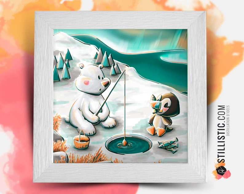 Square frame with Polar Bear and Puffin Illustration for Baby Children's Room 25x25cm image 1