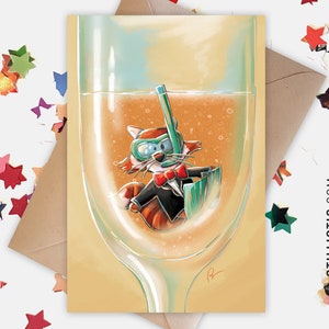 Carte de voeux papier 350g avec Illustration Originale Panda roux et champagne Noël Nouvel An  Mariage Félicitations