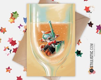 350g Paper Greeting Card with Original Illustration Red Panda and Champagne Christmas New Year Wedding Congratulations