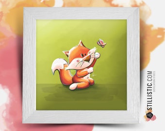 Square frame with Illustration Fox and Butterfly for Baby Child's Room 25x25cm