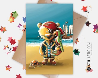 350g Paper Greeting Card with Original Illustration Pirate Lion and Parrot for Birthday Friendship