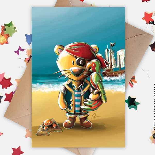 Carte de voeux papier 350g avec Illustration Originale Lion pirate et perroquet pour Amitié Anniversaire