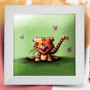 Cadre carré avec Illustration Tigre et papillons pour Chambre Enfant bébé 25x25cm image 1