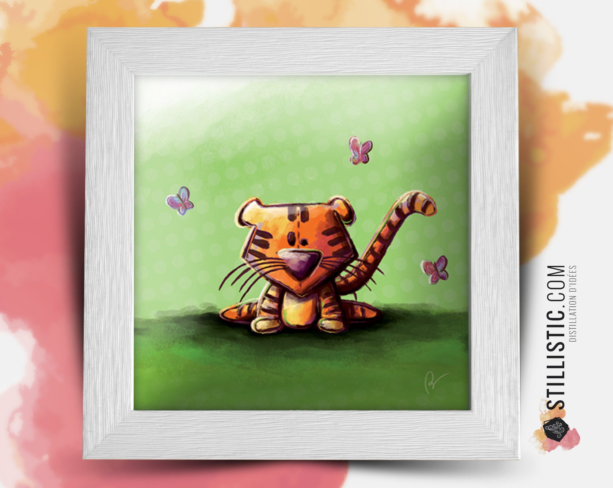 Cadre Carré avec Illustration Tigre et Papillons Pour Chambre Enfant Bébé 25x25cm