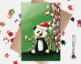 350g Paper Greeting Card with Original Illustration Baby Panda and Barley Sugars for Christmas New Year's Eve End of year Celebrations