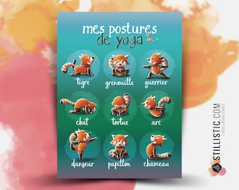 Poster / Yoga educational poster with red panda illustration for Baby Room or school