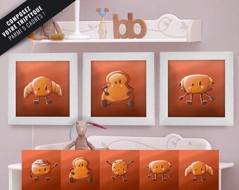 Triptych set of 3 square frames with Breakfast Friends illustrations to arrange for a child's or baby's room, 25x25cm