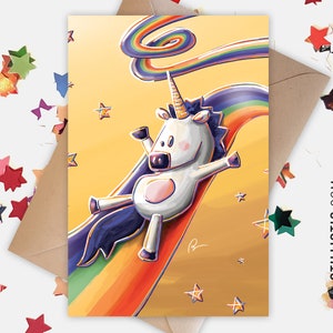 350g paper greeting card with original illustration of a unicorn with a rainbow slide for a friendship or birthday