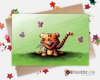 350g Paper Greeting Card with Original Illustration Baby Tiger and Butterflies for Birthday Birth