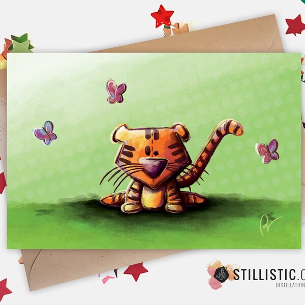 Carte de voeux papier 350g avec Illustration Originale Bébé Tigre et Papillons pour Anniversaire Naissance