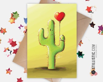 350g Paper Greeting Card with Original Illustration Cactus and Its Balloon for Friendship Valentine's Day Birthday