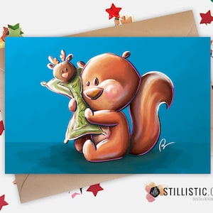 Paper Greeting Card 350g with Original Illustration Squirrel and blanket for Birth Friendship Birthday