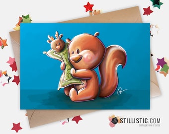 Paper Greeting Card 350g with Original Illustration Squirrel and blanket for Birth Friendship Birthday