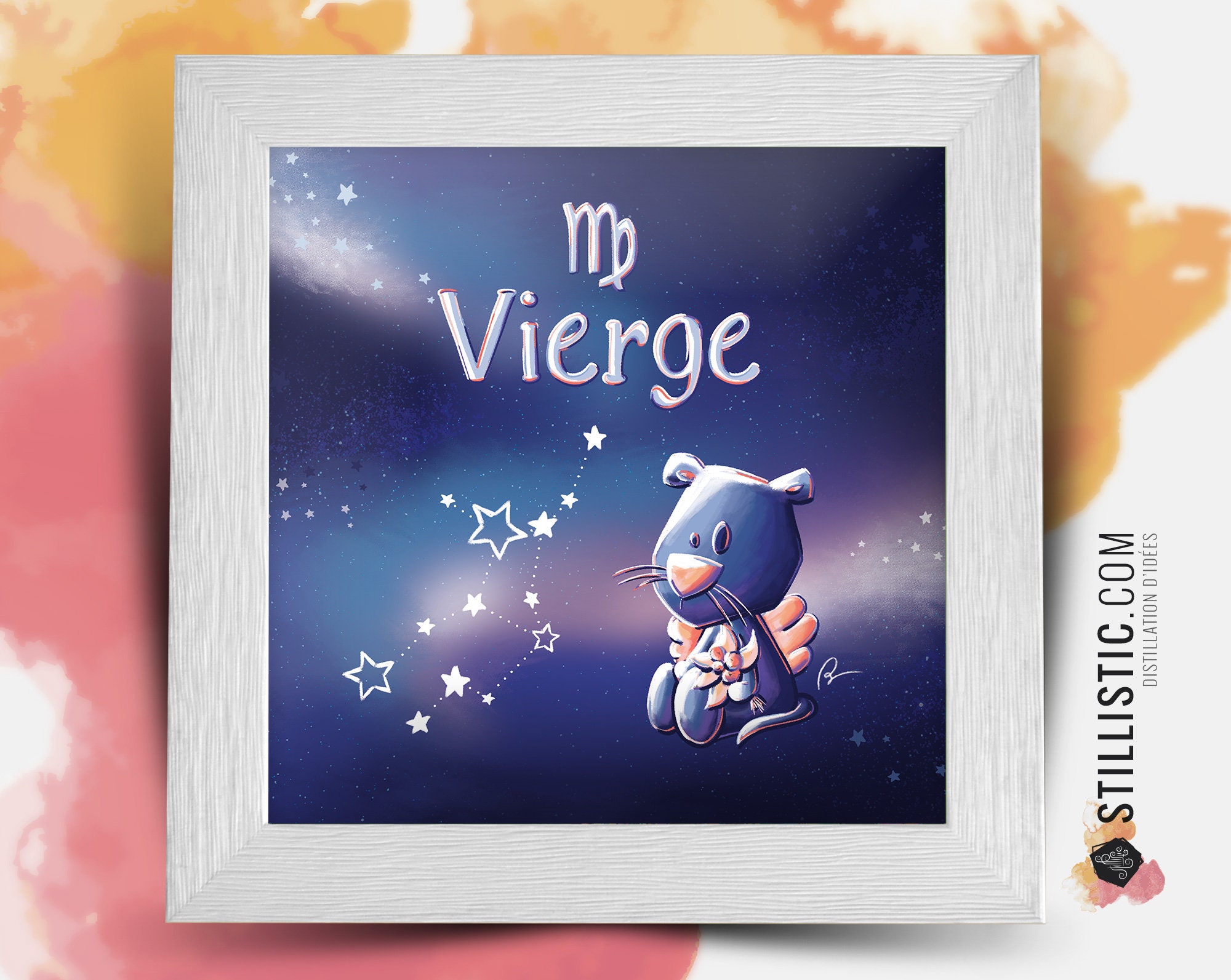 Cadre Carré avec Illustration Signe Astrologique Vierge Phosphorescent Pour Chambre Enfant Bébé 25x2