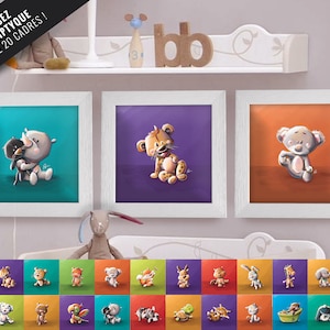 Triptych set of 3 Square frames with Illustration Animals to compose for Baby Room 25x25cm