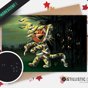 Carte de voeux papier 350g Phosphorescente avec Illustration Originale Tigre momie Halloween