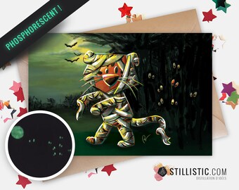 Phosphorescent Paper Greeting Card 350g with Original Illustration Tiger Mummy Halloween