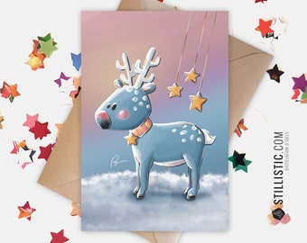 350g Paper Greeting Card with Original Illustration Reindeer in the Snow Christmas New Year&#39;s Eve End of year celebrations