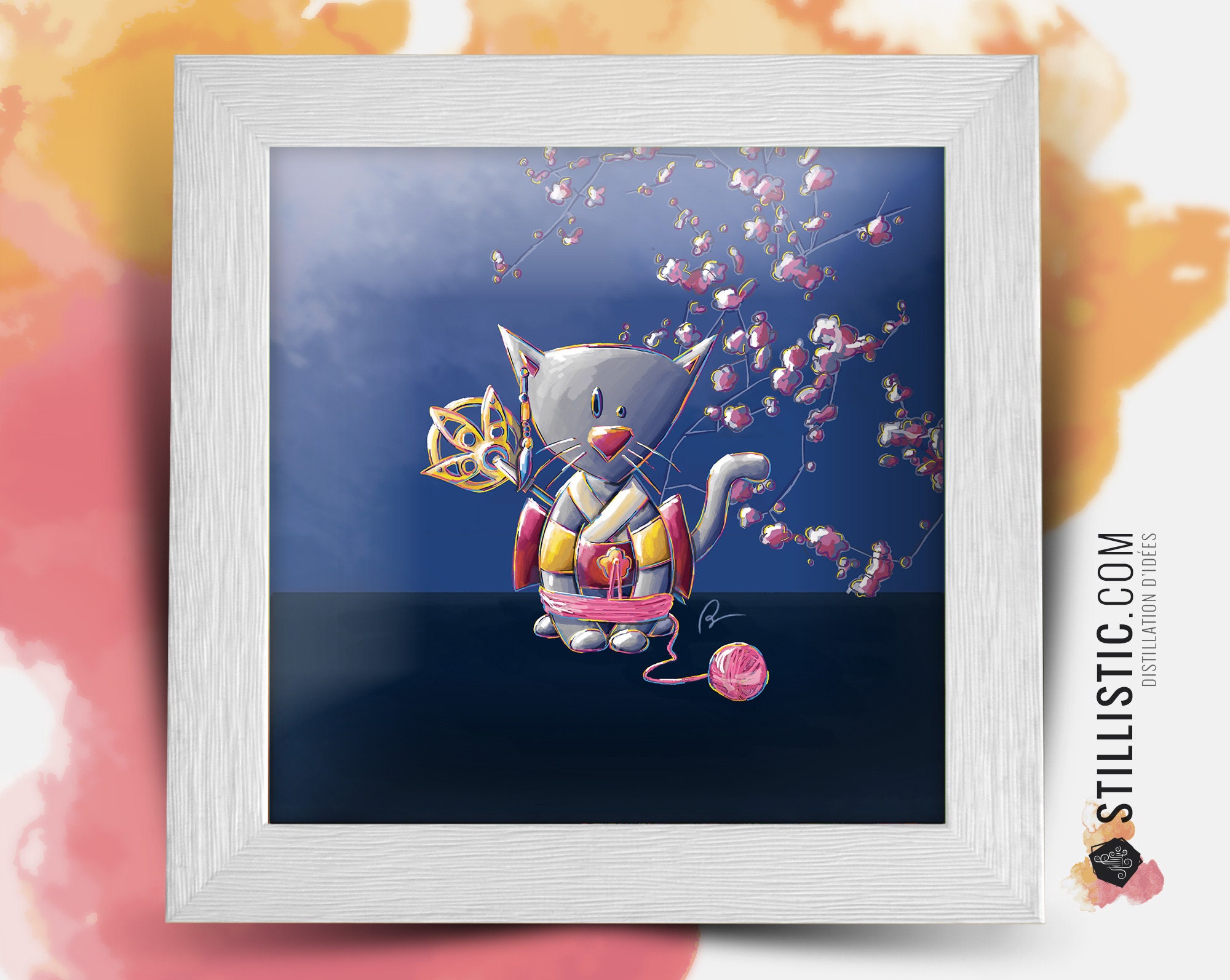 Cadre Carré avec Illustration Chaton Geisha Japonais Pour Chambre Enfant Bébé 25x25cm