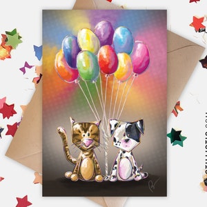 Carte de voeux papier 350g avec Illustration Originale Chiot et Chaton Ballons pour Fête des mères Amitié Anniversaire