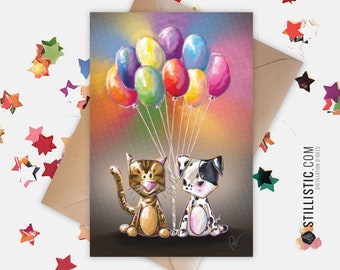 350g Paper Greeting Card with Original Illustration Puppy and Kitten Balloons for Mother's Day Friendship Birthday