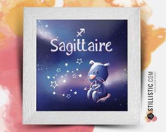 Cadre carré avec Illustration signe astrologique sagittaire phosphorescent pour Chambre Enfant bébé 25x25cm