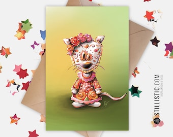 350g Paper Greeting Card with Original Illustration Mexican Mouse Dia de los muertos for Halloween Birthday Birth