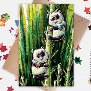 Carte de voeux papier 350g avec Illustration Originale Pandas et bambous pour Amitié Anniversaire Naissance