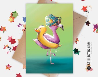 350g Paper Greeting Card with Original Illustration Flamingo and Duck Buoy for Birthday Birth