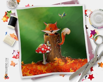 Illustrated coupon featuring a forest fox, made of cotton or minky fabric free of harmful substances, 15x15cm or 20x20cm