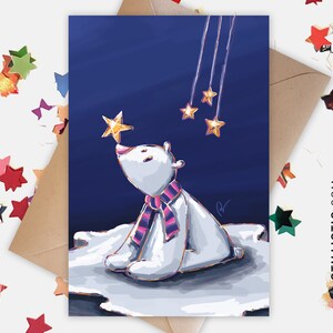 Biglietto di auguri in carta da 350 g con illustrazione originale di orso polare, stella e lastrone di ghiaccio per Natale e Capodanno