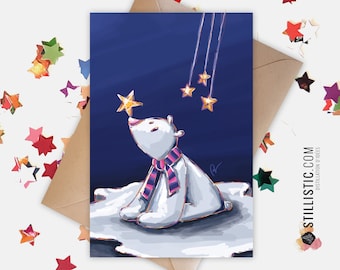350g Paper Greeting Card with Original Illustration Polar Bear, Star and Ice Floe for Christmas New Year