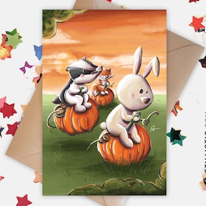 Carte de voeux papier 350g avec Illustration Originale Course citrouilles halloween