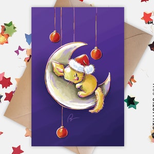 Carte de voeux papier 350g avec Illustration Originale Fennec Lune et boules de Noël pour Nouvel An Fêtes de fin d'année