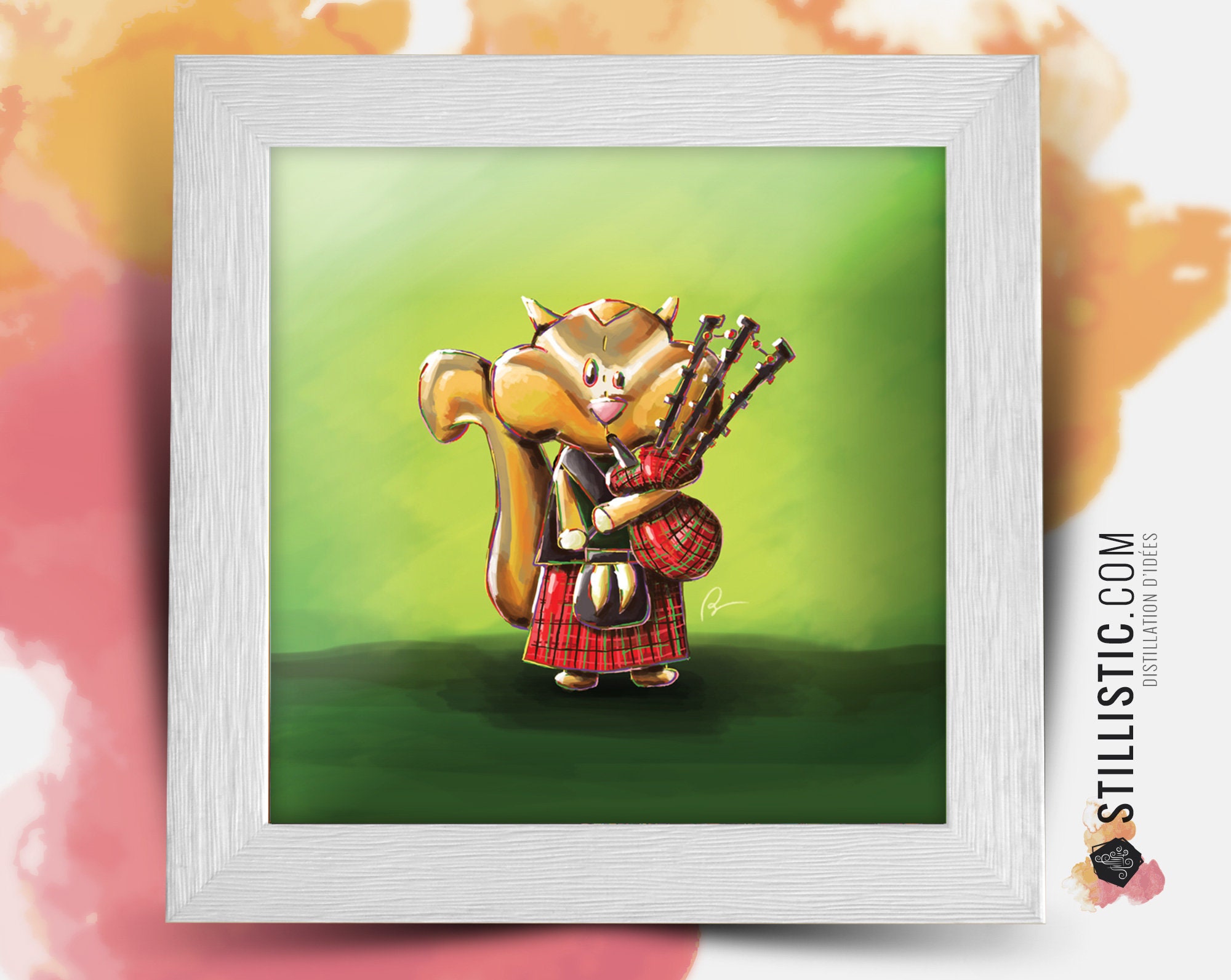 Cadre Carré avec Illustration Petit Écureuil Cornemuse Pour Chambre Enfant Bébé 25x25cm