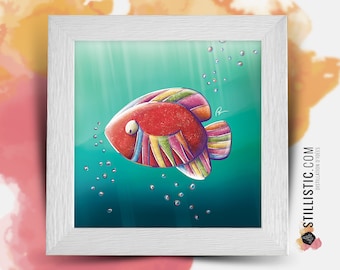 Square frame with Illustration Fish tangy bands 25x25cm for children's and baby's room