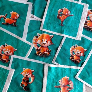 Illustrated coupon minky cotton fabric Yoga Panda Roux, 15x15cm or 20x20cm