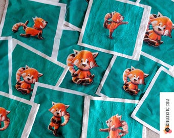 Illustrated cotton minky fabric coupon, Yoga Red Panda design, 15x15cm or 20x20cm