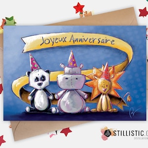 350g Paper Greeting Card with Original Illustration Happy Birthday Panda Lion & Hippopotamus