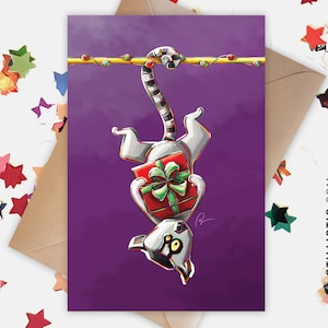 Carte de voeux papier 350g avec Illustration Originale Maki catta et son cadeau pour Noël Nouvel An Anniversaire Fête des mères