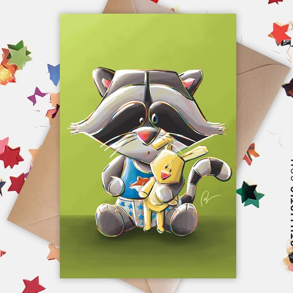 350g Paper Greeting Card with Original Illustration Baby Raccoon for Birthday Birth