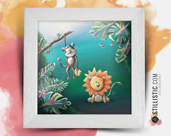 Square Frame With Jungle Lion And Monkey Illustration For Baby Etsy