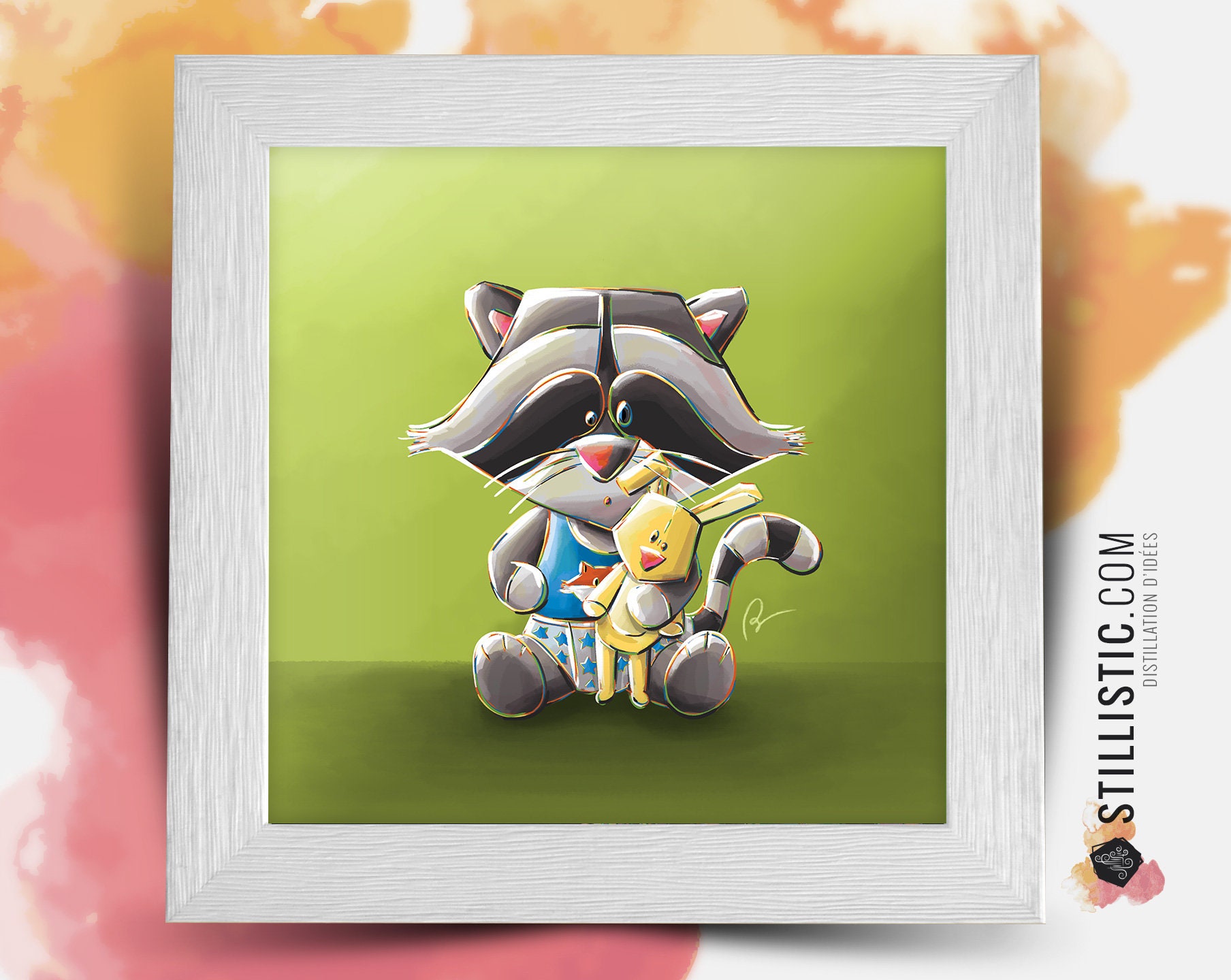 Cadre Carré avec Illustration Bébé Raton Laveur Pour Chambre Enfant Bébé 25x25cm