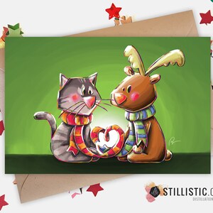 Carte de voeux papier 350g avec Illustration Originale Chaton et Renne amoureux pour Noël Saint-Valentin